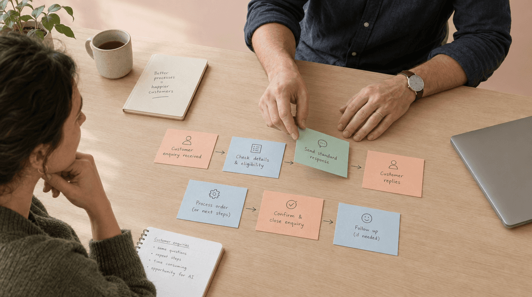Hands arranging pastel workflow cards around a small-business process at a shared desk